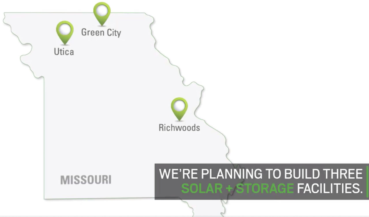 The three planned solar-plus-storage facilities, each to be of 10MW generation capacity. Image: Ameren Missouri promo video screenshot via Twitter. 