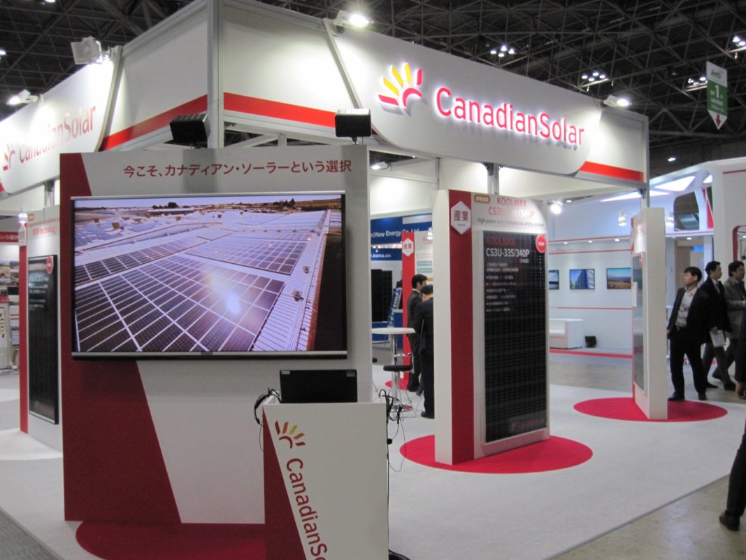 Canadian Solar's stand at PV Expo, Tokyo. The company was showcasing its vertically integrated strengths from high-efficiency modules to EPC services and everything inbetween including residential energy storage solutions. Image: Andy Colthorpe.