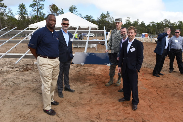 Coronal Energy’s Ed Feo and Michael Burroughs with Colonel Johnson, Panasonic’s Pete Bronski and Coronal Energy’s Danny Van Clief at the ceremony at Eglin Air Force Base. Source: Coronal Energy.