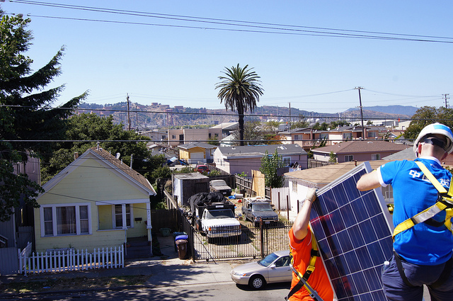 Community solar can allow low income households, as well as homeowners with shared rooftops, such as on apartment blocks, to benefit from PV. Images: GRID Alternatives. 