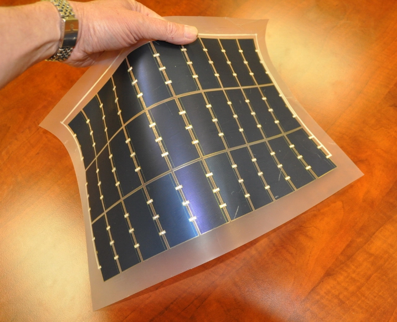 MicroLink Devices solar sheets are lightweight and flexible with high specific and aeral powers enabling significant mobile power generation. Credit: Microlink