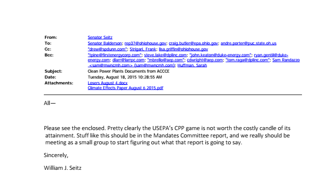 Seitz’ email – which was sent to lobbyists for American Electric Power, Dayton Power & Light, Duke Energy and First Energy – was obtained via public information requests to state legislators who served on the EMSC committee. Source: Energy and Policy Institute