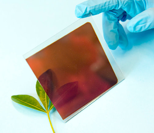 The PV module was realized on a 6x6 inch2 glass substrate using industrial scale-able slot die coating with laser patterning. Image Oxford Photovoltaics