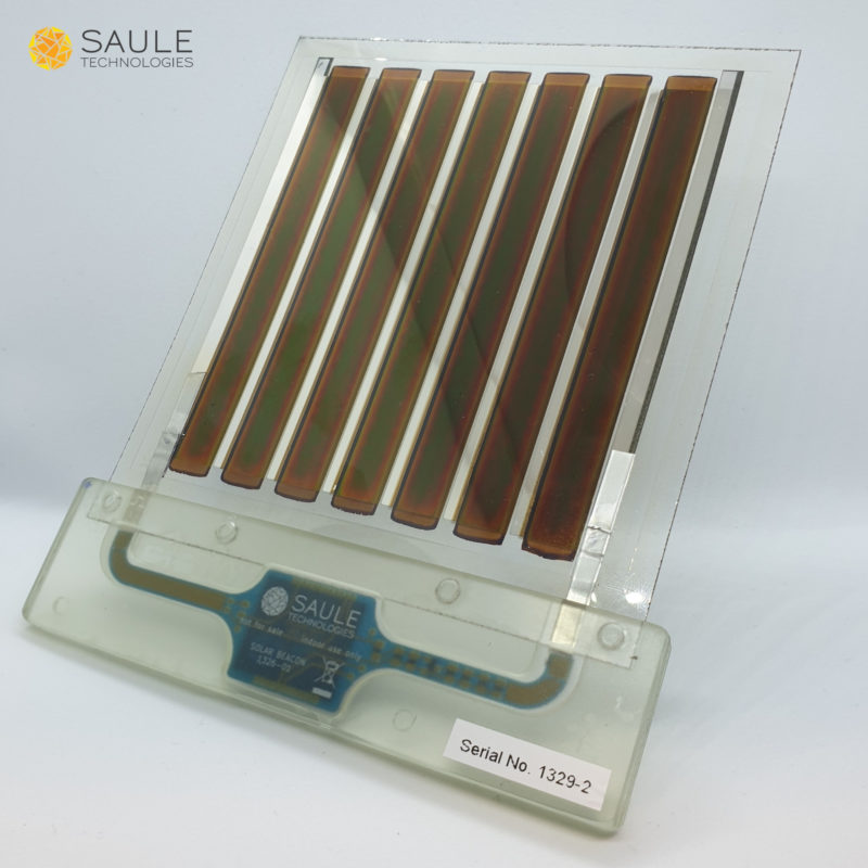 An autonomous Bluetooth beacon powered by a perovskite solar module. Image: Saule Technologies