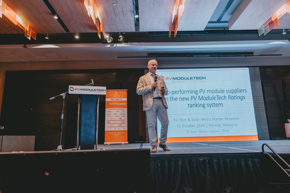 PV Tech’s Head of Market Research Finlay Colville went on stage on Tuesday morning to introduce the PV ModuleTech Bankability Ratings, the result of five years’ worth of exhaustive data collection and module market research. Image credit: Solar Media