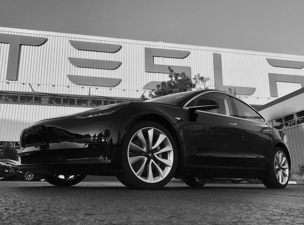Elon Musk tweeted a photo of the first ever 'affordable' Model 3 to roll off Tesla's production line earlier this month. US deliveries begin on 28 July. Image: Elon Musk / Twitter.