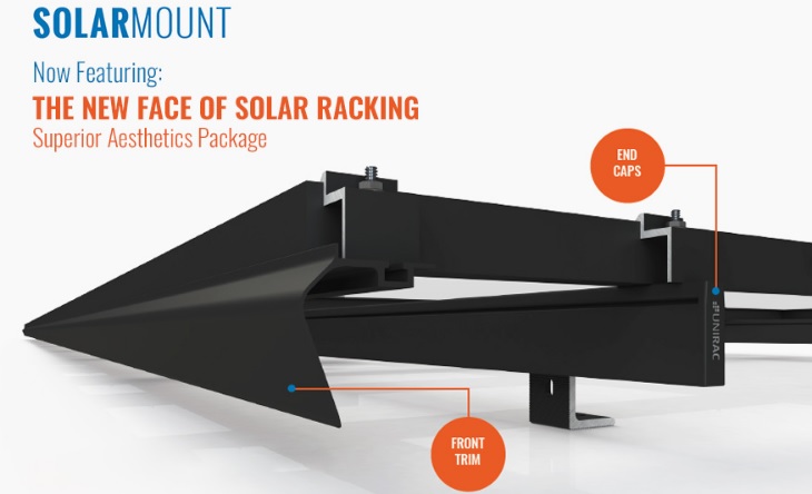 Unirac’s ‘SOLARMOUNT’ has been enhanced with a superior aesthetics package, which includes front trim and end caps.