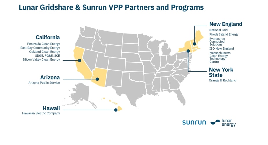 A map of the US showing Sunrun and Lunar Energy VPP partners and programmes in five states. 