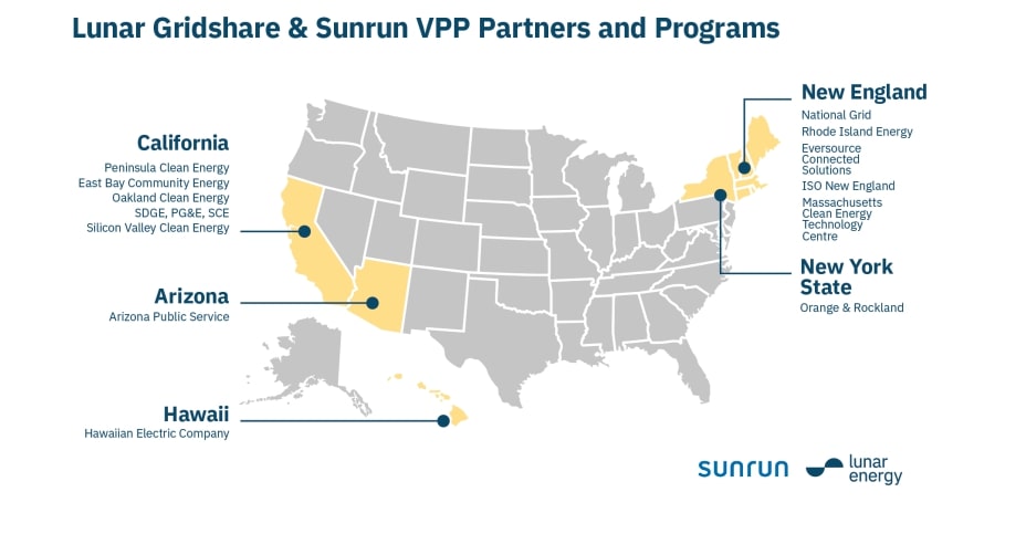 A map of the US showing Sunrun and Lunar Energy VPP partners and programmes in five states.