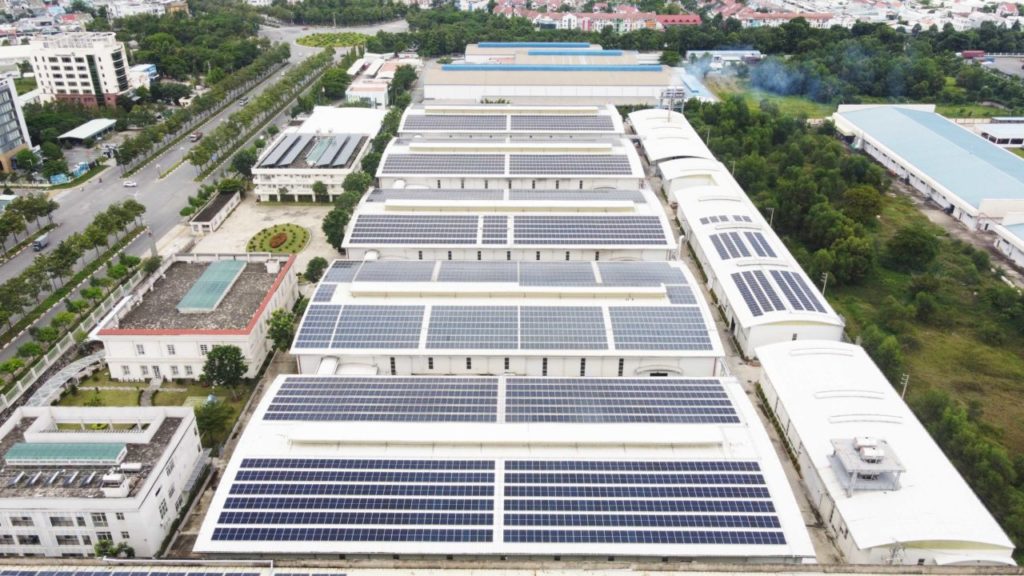 LONGi solar panels on a roof in Vietnam.