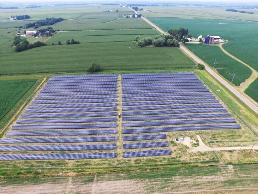 Aerial view of a community solar project from Summit Ridge Energy in Illinois