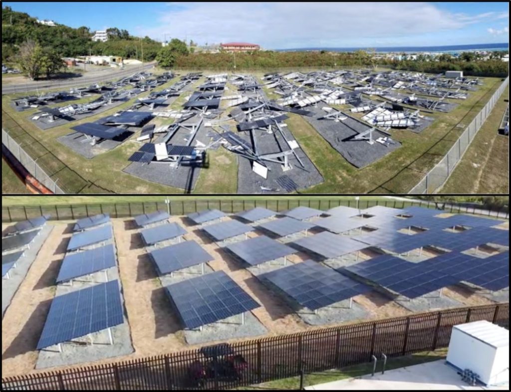 Before and after images of a PV array that was damaged by a hurricane