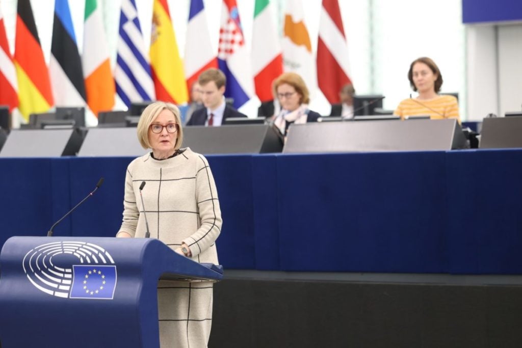 European Commissioner Mairead McGuinness speaking at the European Parliament about the state of the solar manufacturing industry in Europe