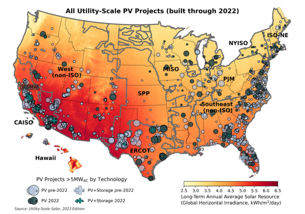 Map of operational utility-scale PV and PV-plus-storage
plants at the end of 2022