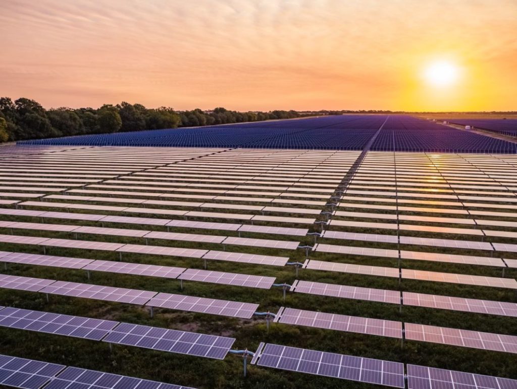 Utility-scale solar PV plant showing modules up far away