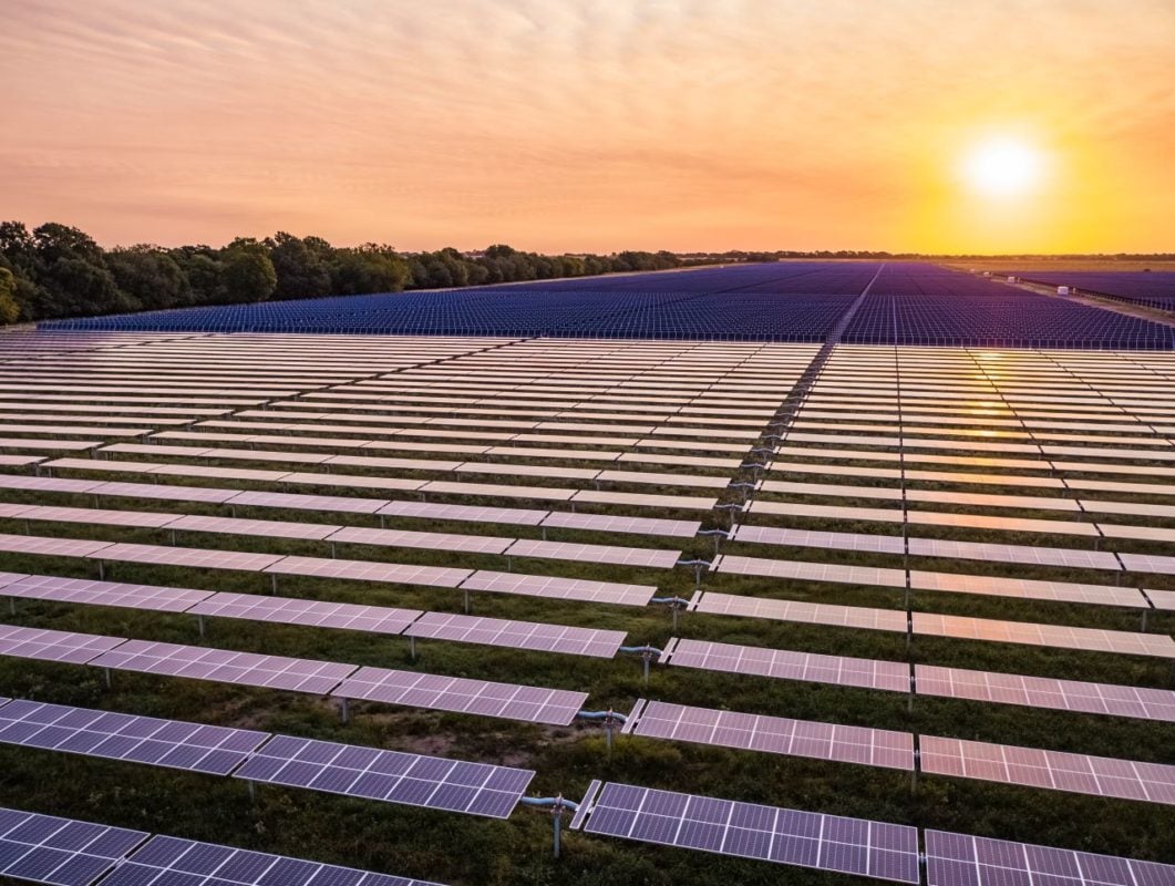 Utility-scale solar PV plant showing modules up far away