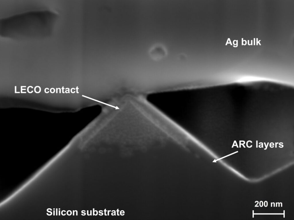 Scanning electron microscope image of a laser-assisted fired contact. Credit: UNSW student Xinyuan Wu.
