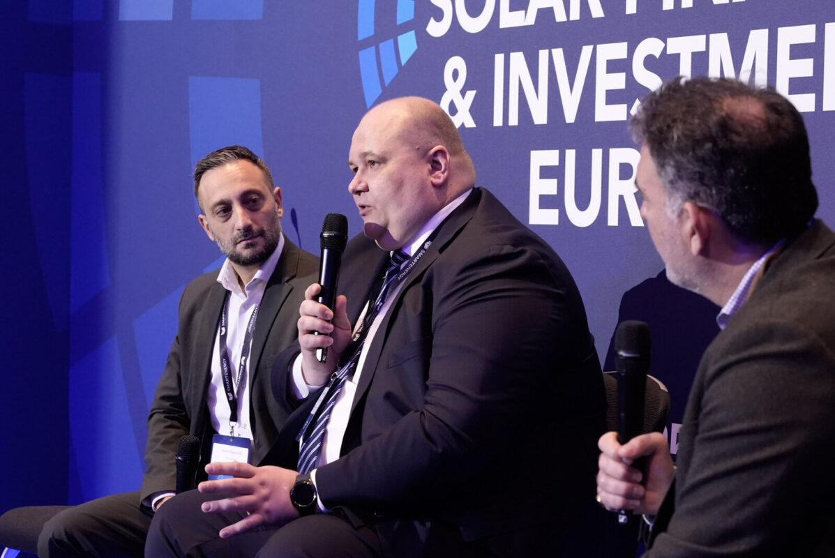 Aldevinas Burokas speaking at Solar Finance & Investment Europe 2025.