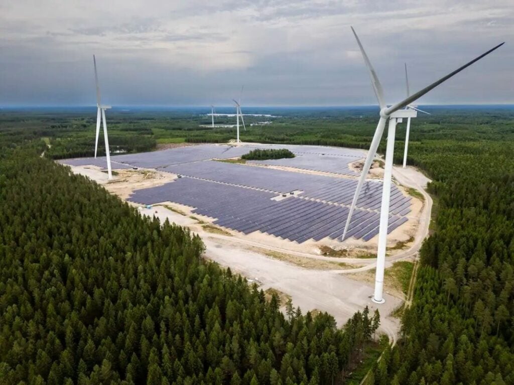 Hybrid solar-wind park, surrounded by trees, from European Energy in Sweden