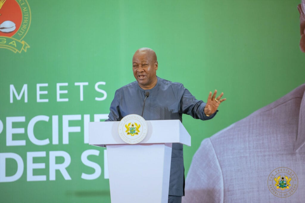 Ghanaian president John Dramani Mahama delivers a speech.
