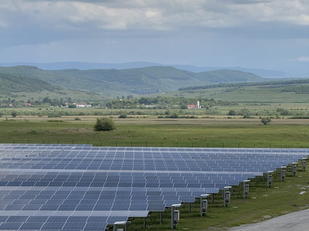 Solar panels in a field.