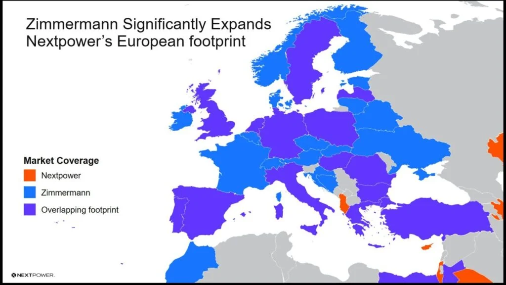 Map of Europe with countries that both Nextpower and Zimmermann are present in