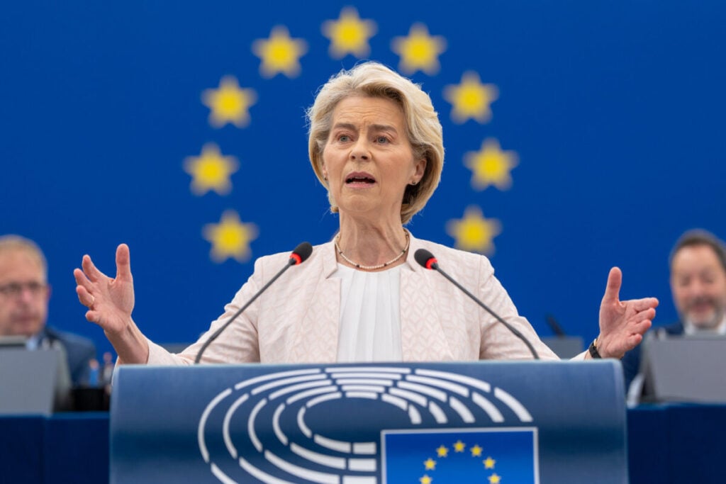 Ursula von der Leyen makes a speech in 2024.