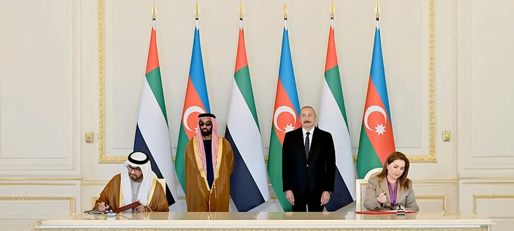 Masdar and AGEC executives at signing ceremony to develop more solar PV and energy storage in Azerbaijan.