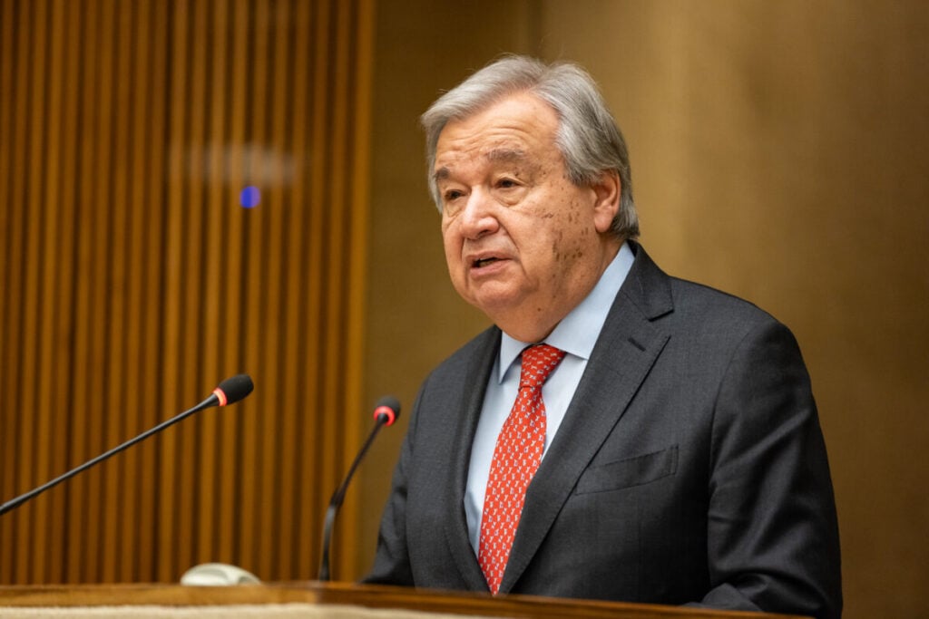 UN secretary-general António Guterres makes a speech.