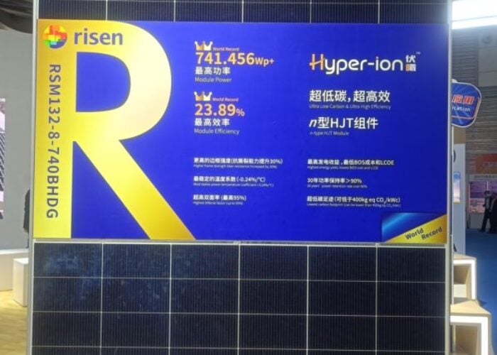 Risen was among manufacturers showcasing 700W+ modules, including this HJT module with over 23% efficiency. Image: Solar Media.