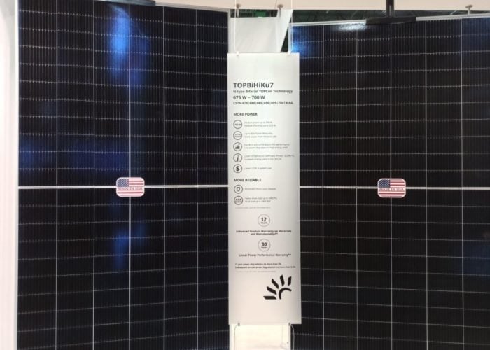 Canadian Solar TOPCon modules at RE+ 2023 in Las Vegas. Image: Jonathan Touriño Jacobo for PV Tech.