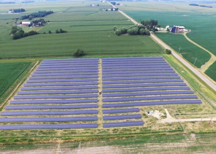 Aerial view of a community solar project from Summit Ridge Energy in Illinois
