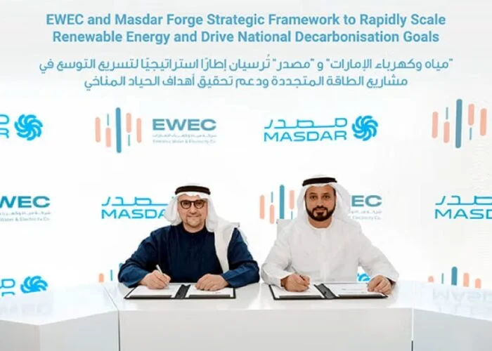 The Collaboration Framework Agreement (CFA) establishes a roadmap for the accelerated rollout of utility-scale renewable energy projects aimed at diversifying the UAE’s energy mix, strengthening security of supply and supporting local industrial growth. Image: Masdar.