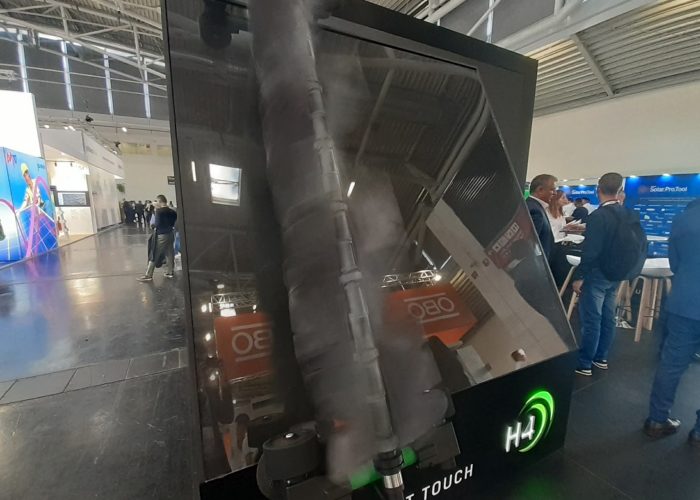 Ecoppia’s H4 solar module cleaning robot on display at Intersolar Europe. Image: Solar Media.