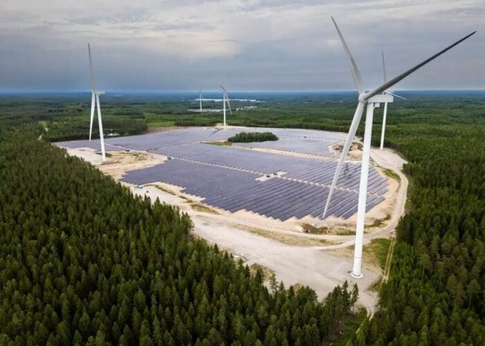 Hybrid solar-wind park, surrounded by trees, from European Energy in Sweden