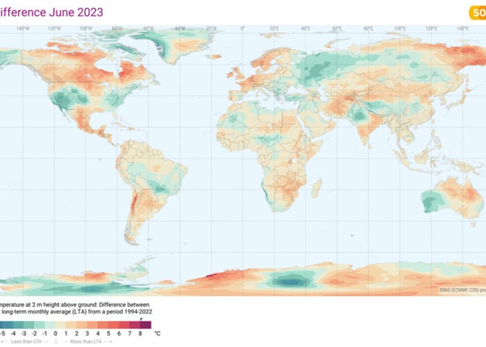 Graph showing difference in average air temperature for June 2023 in comparison with the long-term monthly average. Graph: Solargis.