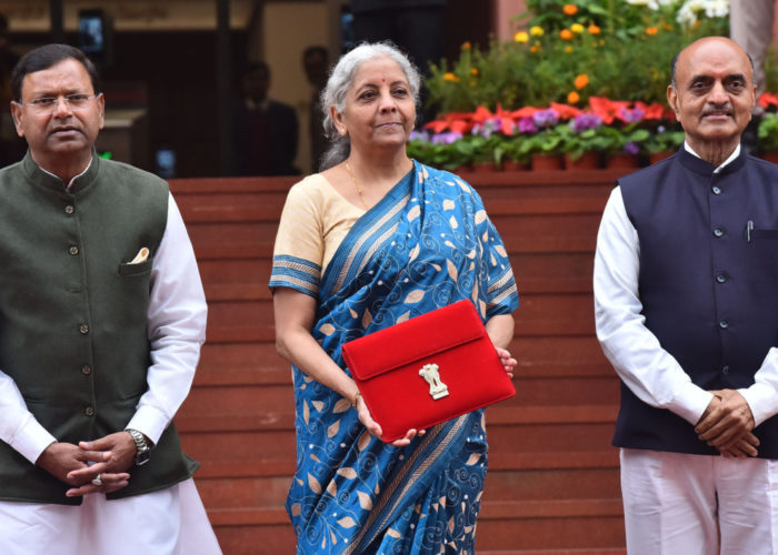 The Union Minister for Finance and Corporate Affairs, Smt. Nirmala Sitharaman along with the Ministers of State for Finance, Shri Pankaj Chaudhary, the Union Minister of State for Finance, Dr Bhagwat Kishanrao Karad arrives at the Parliament House to present the Union Budget 2024, in New Delhi on February 01, 2024. Image: Government of India