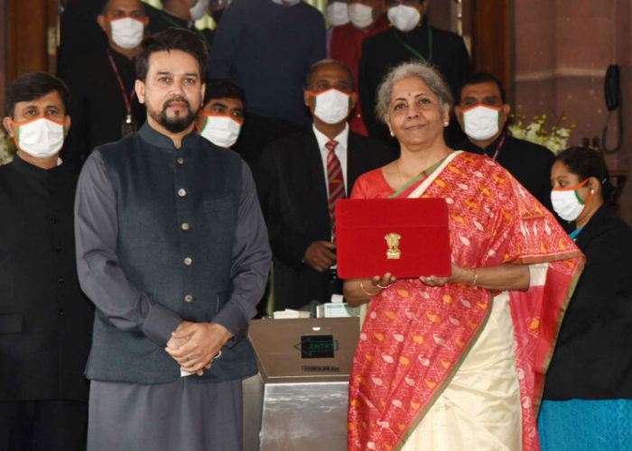 The Union Minister for Finance and Corporate Affairs, Smt. Nirmala Sitharaman along with the Minister of State for Finance and Corporate Affairs, Shri Anurag Singh Thakur arrives at Parliament House to present the General Budget 2021-22, in New Delhi on February 01, 2021.