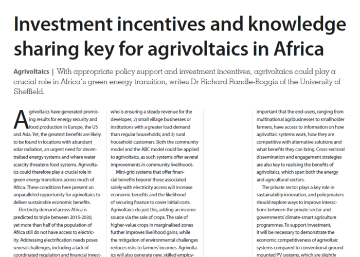 Investment incentives and knowledge sharing key for agrivoltaics in Africa