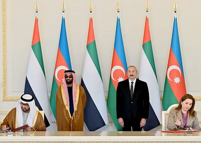 Masdar and AGEC executives at signing ceremony to develop more solar PV and energy storage in Azerbaijan.
