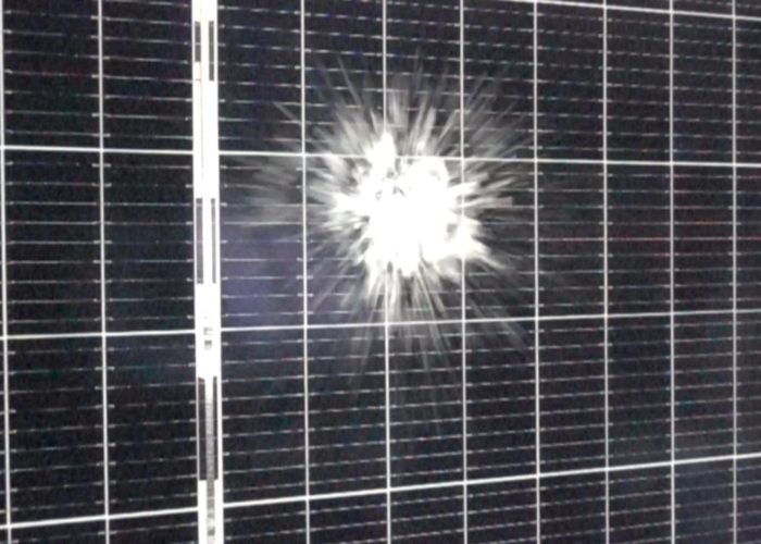Hail strikes a solar module during PVEL's hail stress sequence, which is now a required test in PVEL's PV Module Product Qualification Program (PQP).
