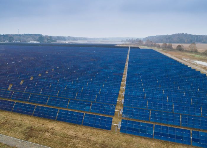 Aerial view of the Silicon Ranch Solar Farm.Tennessee USA using a DJI Phantom 4 Pro drone. This solar farm in Selmer, Tennessee generates 30 MWdc (megawatt direct current), enough to power 4,000 homes. 2018