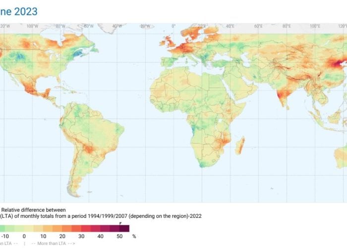 Global horizontal irradiation difference for the month of June 2023 compared to historical figures of the same month. Image: Solargis.