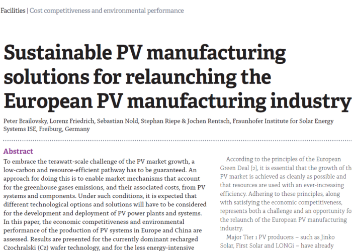 Sustainable PV manufacturing solutions for relaunching the European PV manufacturing industry