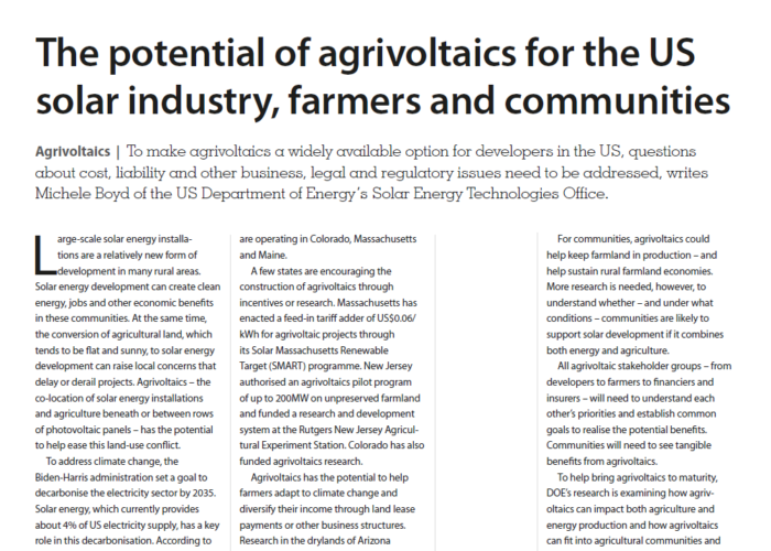 The potential of agrivoltaics for the US solar industry, farmers and communities