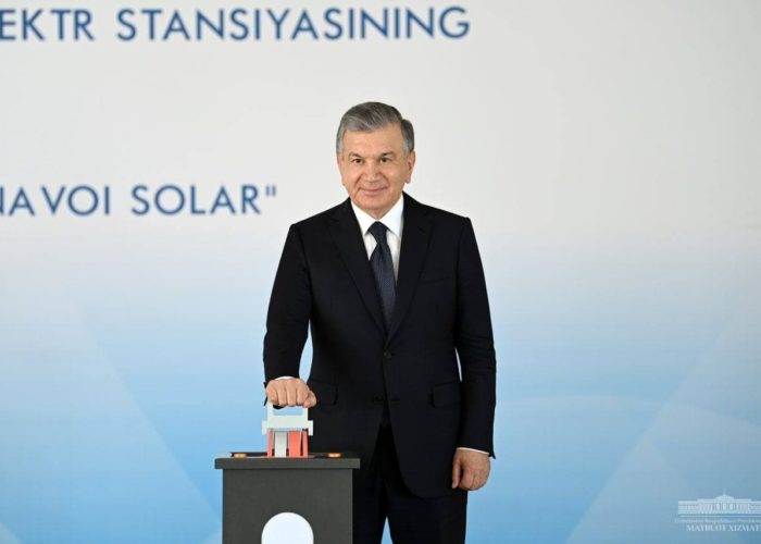 Shavkat Mirziyoyev, president of Uzbekistan, at the inauguration of the country’s first utility-scale solar project in August. Image: Uzbekistan government.
