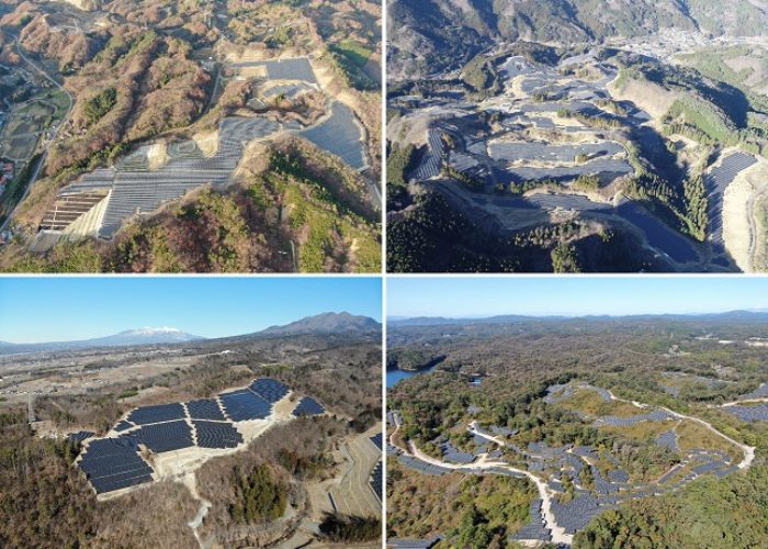 Four large-scale solar PV projects in Japan, completed by developer Amp Energy shortly before the end of 2021. The market is increasingly moving away from large-scale ground mount plants. Image: Amp Energy.