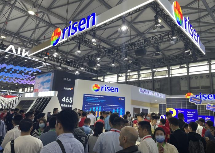 Risen's booth at a packed SNEC event in Shanghai, China. Image: Solar Media.