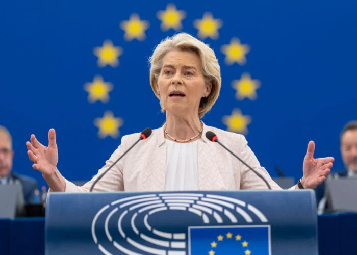 Ursula von der Leyen makes a speech in 2024.