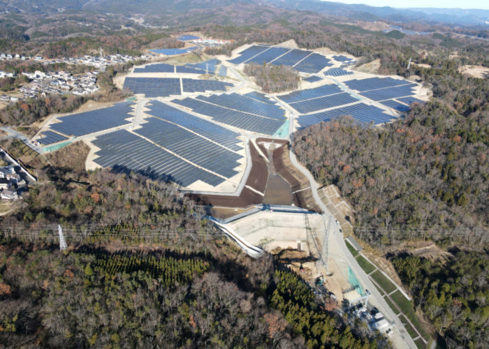 Aerial view of Isohara solar farm in Japan.